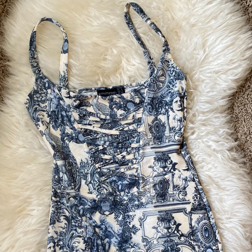 Baroque Porcelain Lace Up Mini Dress